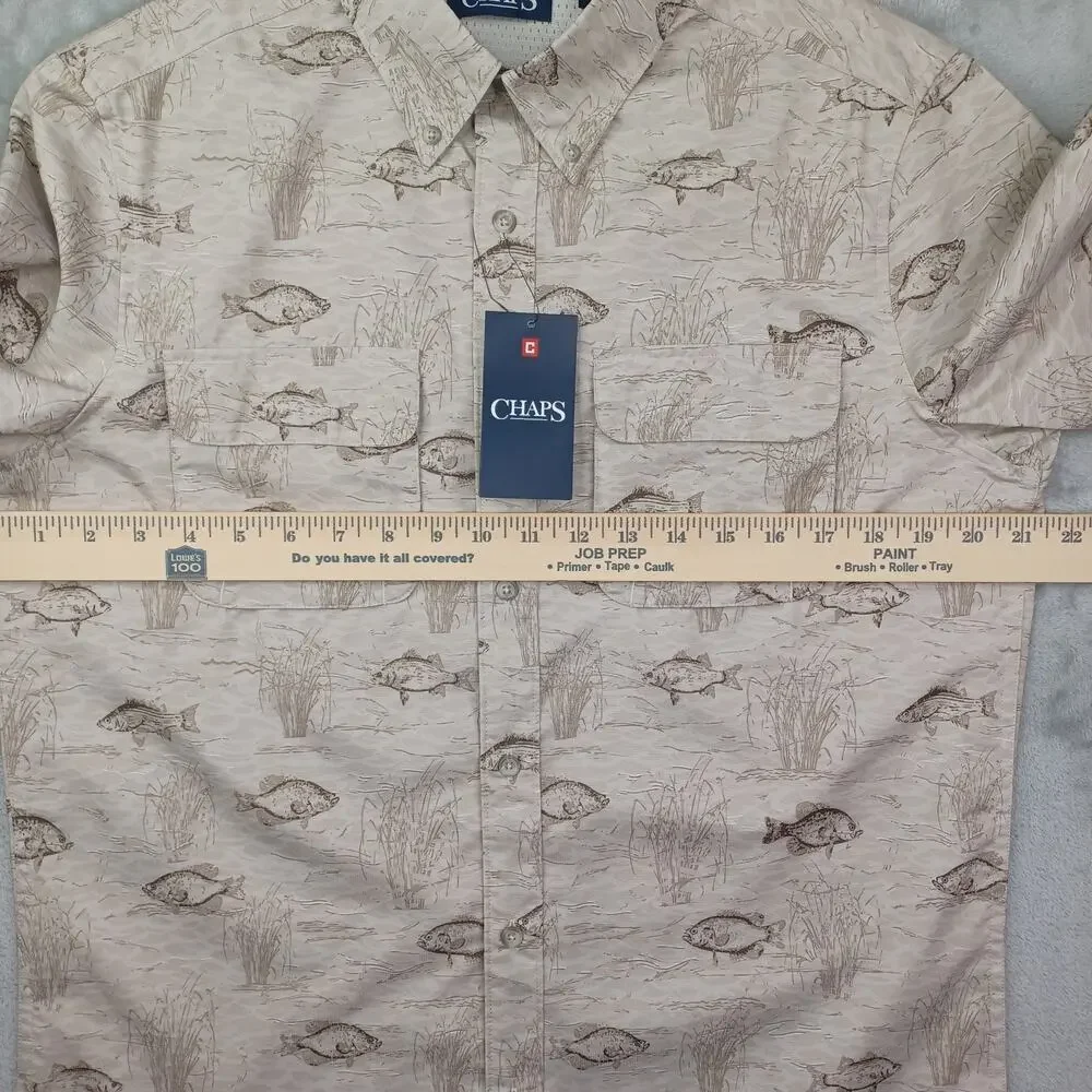 NWT Chaps Fishing Shirt | Men's Small | Tan Fish Print | UPF 50+ Quick Dry